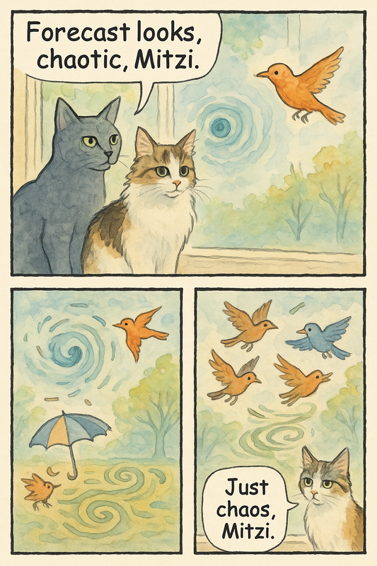 Lucy and Mitzi by the window, peering out at a world the AI can’t quite render. They’re indoor cats, so their universe is bounded by whatever the AI thinks outside looks like: a watercolor landscape that keeps stuttering at the edges. Some days the probability cloud resolves into a tree. Some days it’s just a beautiful, nonsensical smear of light.